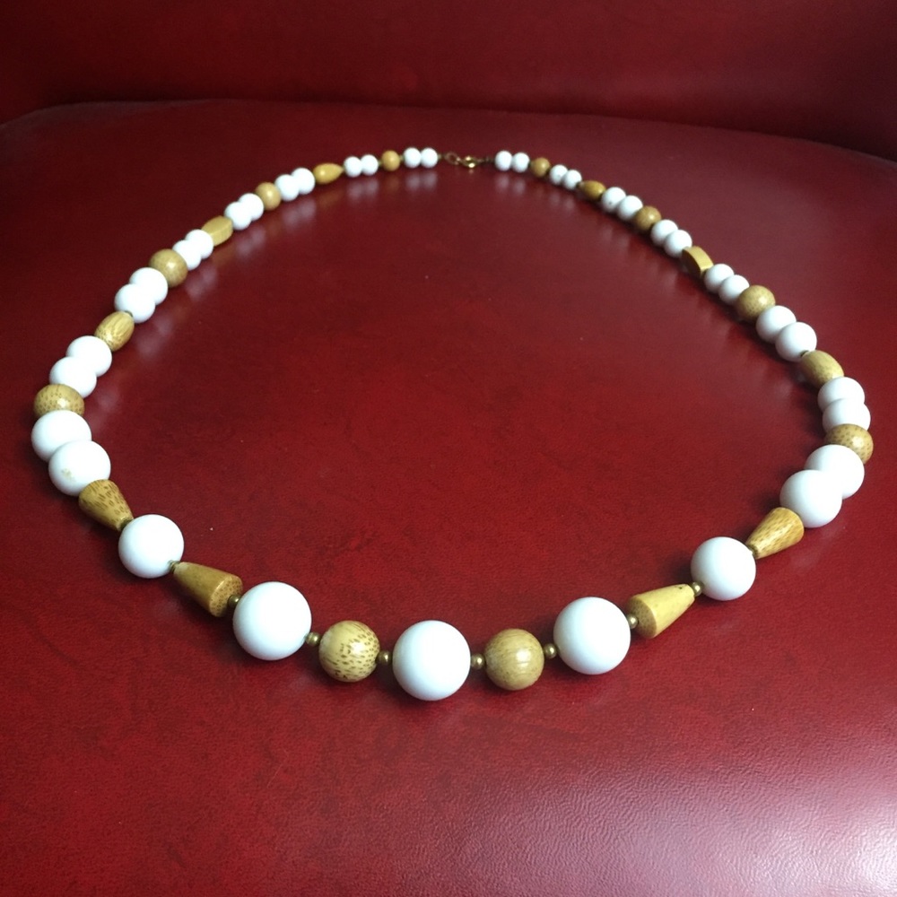 Vintage long beaded necklace - wood & white bead - boho bohemian